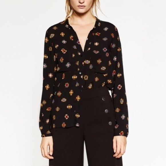 Zara Basic Button Down Black Long Sleeve Blouse US Medium - Picture 1 of 9